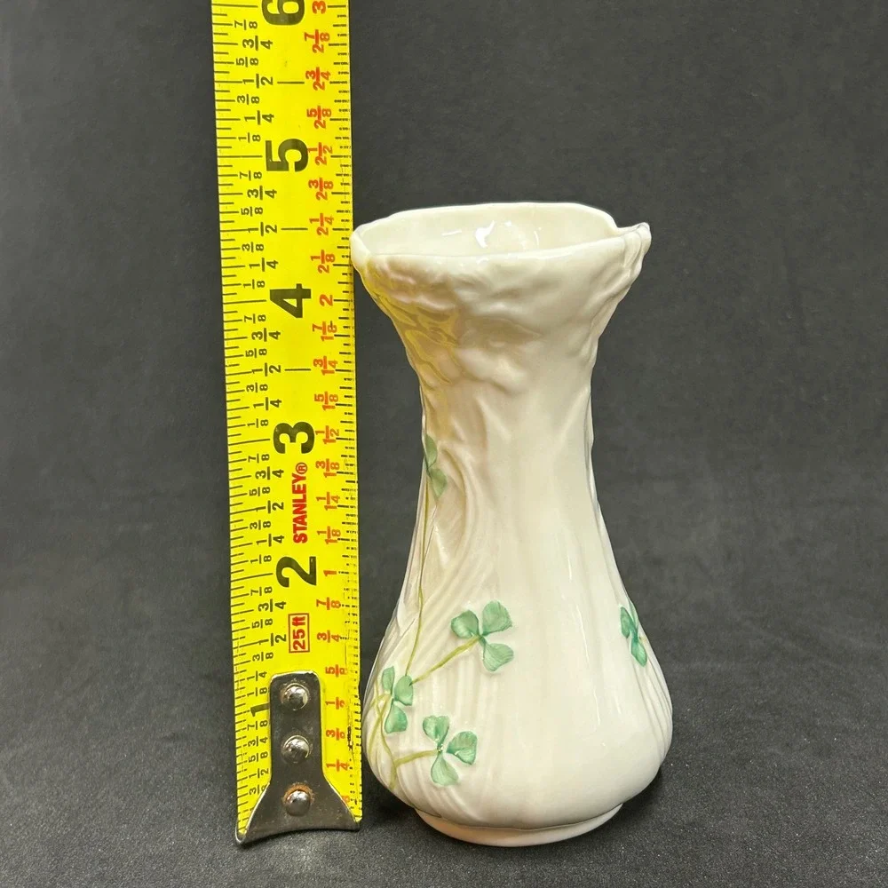Belleek Ireland Shamrock Bud Vase Basketweave Parian China Green Mark Mini